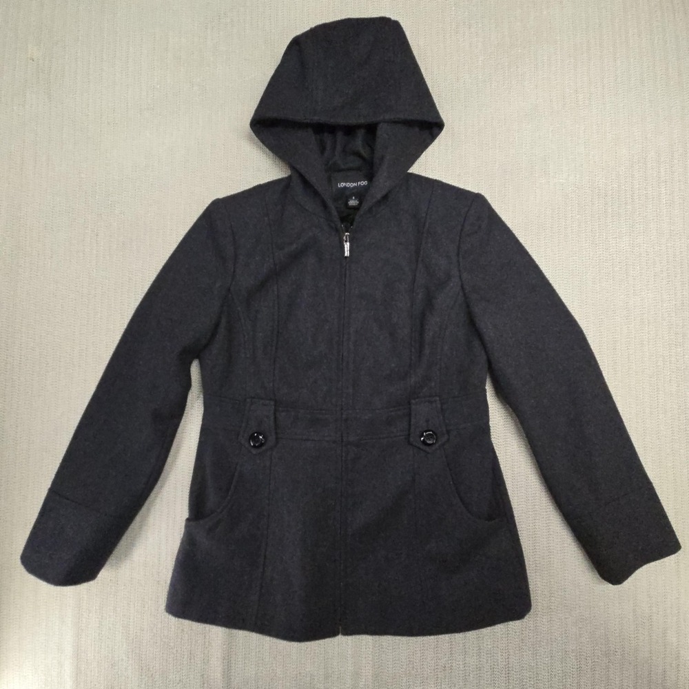London Fog Coat Womens Small Gray Wool Blend Hooded Zip‎ Parka Lined Pockets